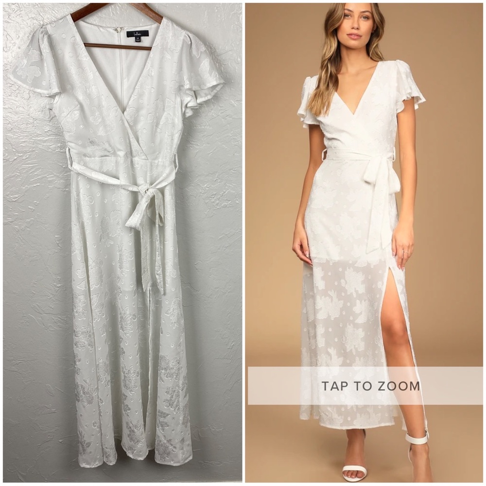 Lulu’s Compelling Love White Jacquard Short
Sleeve Maxi Dress with Leg slit XS